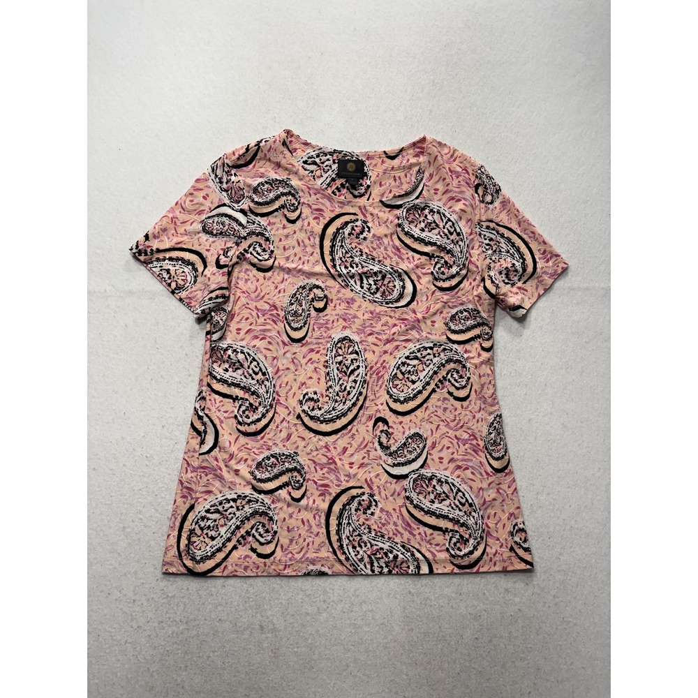 JM Collection Shirt Womens Medium Pink Paisley Scoop Neck Short Sleeve Stretch
